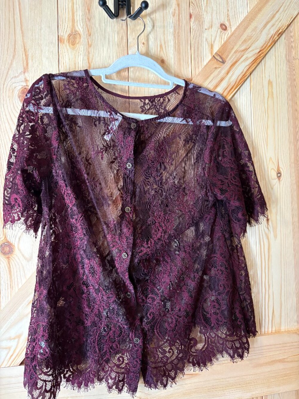 Burgundy Lace Sheer Blouse Button Front Scalloped Hem Romantic Boho Top